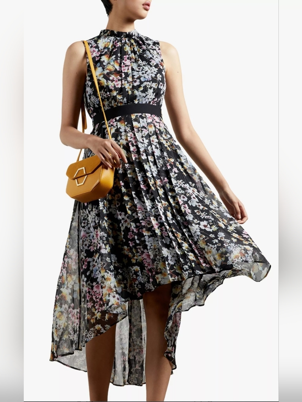 TED BAKER Floral Pleated High-Low Midi Dress in Black, Size 0